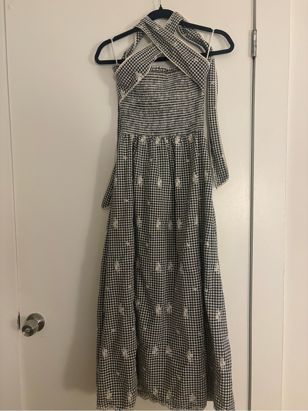 Black and White Gingham Cross-Halter Maxi Dress